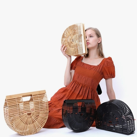 Bamboo Purse Tan Light Brown Woven Wicker Style Hippie Tote Bohemian Beach Bag - Picture 11 of 11